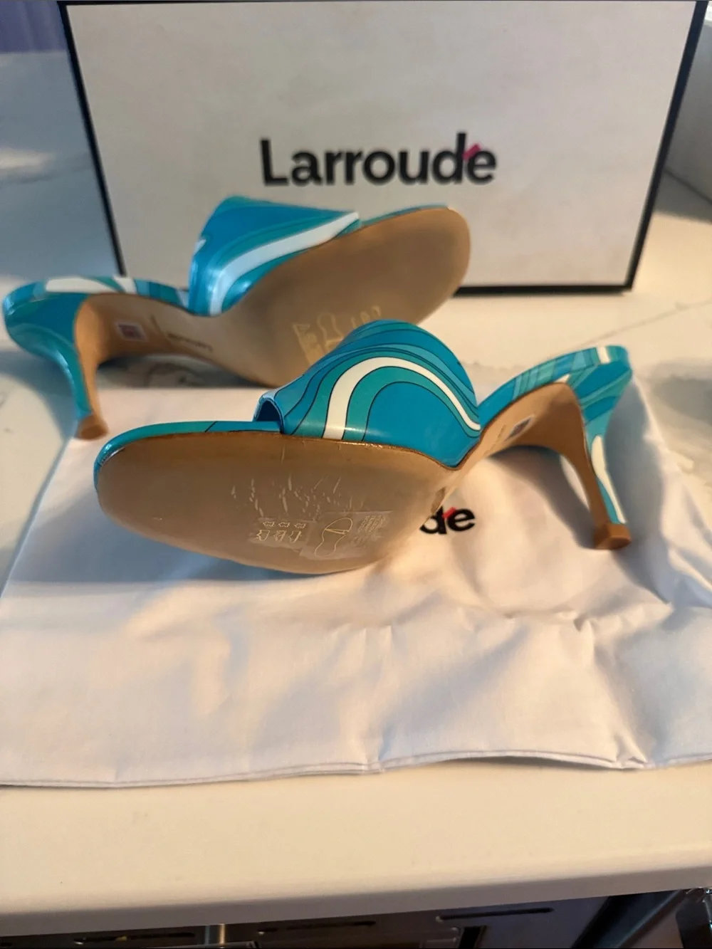 Larroude Turquoise Patterned Slide Mules